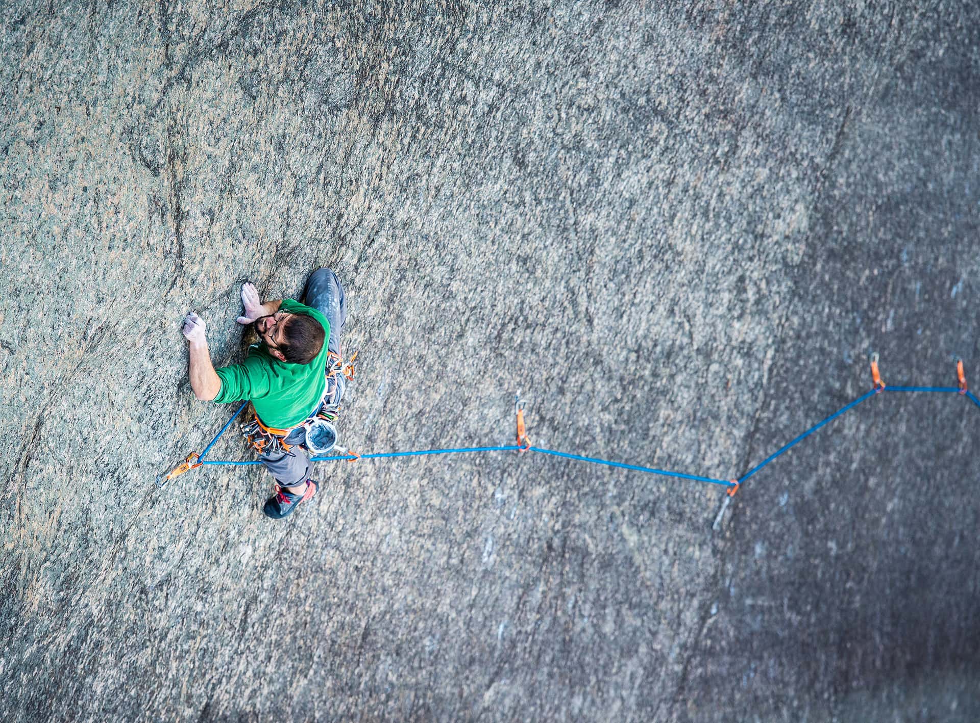 Pitch three - the Enduro Slab. "It’s Cathedral micro-crystal slab climbing - there are only three spots where you can rest your feet.  It took me seven tries to do it," Jay says. " I bolted it in Cathedral style, so you’re on lead a lot.” Photo: Brent Doscher